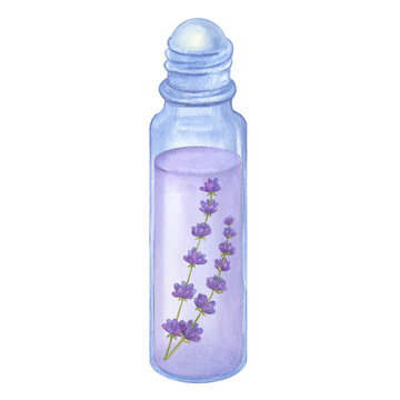 Glass roller ball bottle cosmetic lavender essential oil. Hand draw watercolor illustration isolated on white background. Cosmetology, aromatherapy. Beauty skincare product packaging
