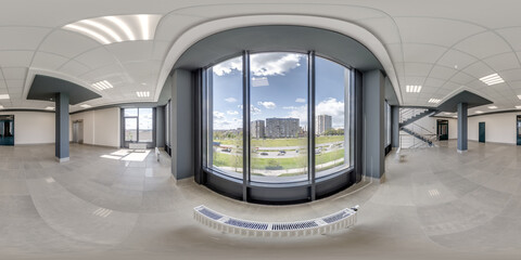 full seamless spherical hdri 360 panorama view in empty modern hall near panoramic windows with columns, doors in equirectangular projection, ready for AR VR content