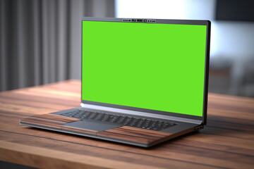 Fototapeta premium Blank laptop mockup on the table. Personal laptop computer on a wooden table. generative ai