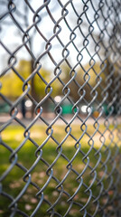 Fototapeta premium Chain link fence and grass closeup with blurred background.
