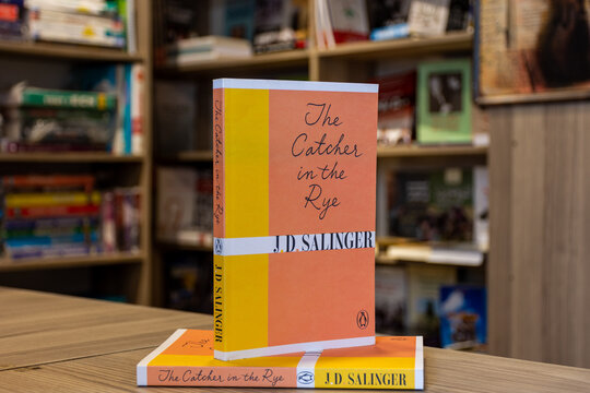 Close up J. D. Salinger's The Catcher in the Rye novel in the bookshop.