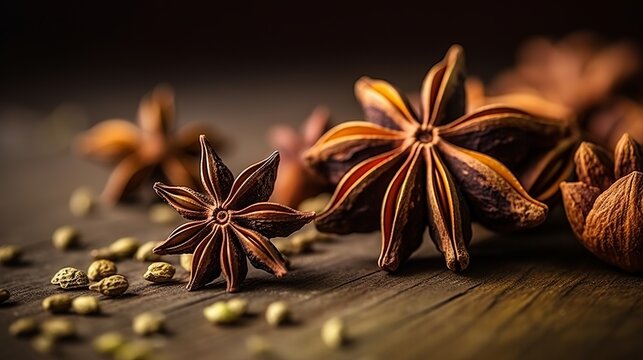 a bunch of star anise on a wooden table