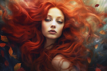 A stunning woman with red hair in whimsical appearance. Portrait of ginger girl. Autumn concept. Fall concept. 