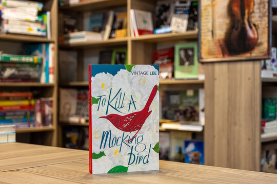 Close up Harper Lee's To Kill a Mockingbird novel in the bookshop.