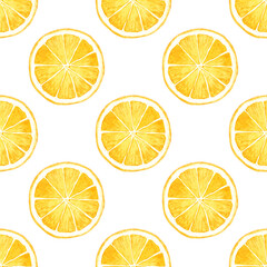 Watercolor lemon seamless pattern. Ripe round slices of citrus fruits on a white background. Tropical summer design for fabric, wallpaper, packaging, menu.