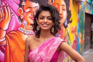 Smiling attractive Indian woman wearing a pink saree standing in the street with a colorful graffiti in the background. Generative AI	