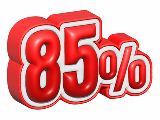 85% 3D text. 85% percent sale. 85 percent discount on red color. up to 85% 3D illustration