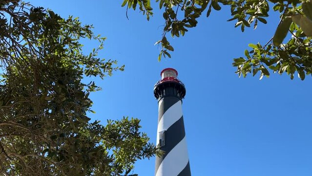 St. Augustine Lighthouse against a blue sky as leaves dance in the breeze. Florida, USA