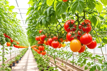 Fotobehang Ripe tomato plant growing in greenhouse. Generative ai. © Budjak Studio