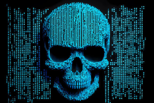 Digital skull and crossbones on binary code .Generated By AI.