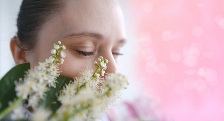 close up part of woman's face in flowers, beautiful girl 30 years old, closed eyes looking to side,...