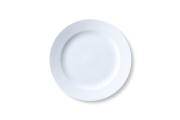 Clipping path. Top view of White dish empty isolated on white background clean view. Empty plate Isolated Mockup. Flat lay of shiny dish ceramic.