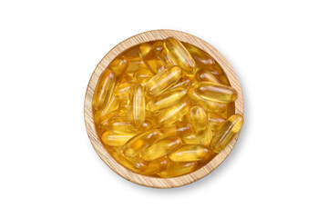 Clipping Path. Top view(Flat lay) of Supplementary food. Gold Salmon Fish oil capsules on wood bowl isolated on white background. Omega 3. Vitamin D and E.