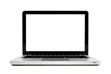 Clipping path. Modern Laptop isolated empty(Mockup) white screen on white background view. Mockup laptop white screen view.