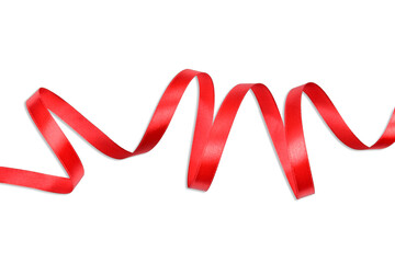 Clipping path. Top view of Red ribbon roll shiny isolated on white background. Flat lay view. Ribbon red Decoration.