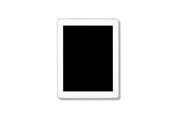 Clipping Path. Top view(Flat lay) of Tablet modern white with touch screen black Empty(Mockup) isolated on white view. Technology mockup. Flat lay design. Business office view.