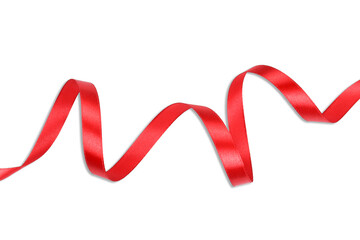 Clipping path. Red ribbon shiny rolls isolated on white background view. Flat lay Ribbon roll decoration party.