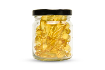 Clipping path. Fish oil in a glass bottle isolated on background. Supplementary food. Capsules salmon fish oil view. Omega 3. Vitamin E.