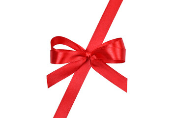 Clipping path. Top view(Flat lay) of Red ribbon isolated and shiny rolled on white background. A bow red. Gift.