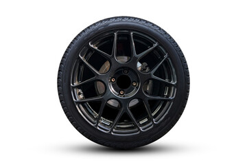 Clipping path. Black Wheel super car isolated on white background view. Magneto wheels. Movement. Wheel super car.
