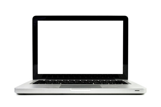 Clipping path. Modern Laptop isolated empty(Mockup) white screen on white background view. Mockup laptop white screen view.