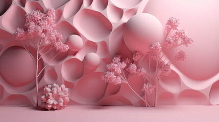 Abstrakt-kreative 3D-Darstellung einer Frühlingsszene in rosa Farben (Generative AI)
