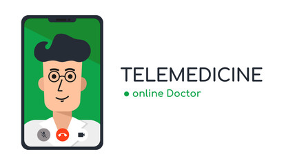 Male doctor on mobile, telemedicine. Online Doctor. Future Service medical consultation. Video call to a medical worker, help, first aid. Vector illustration.
