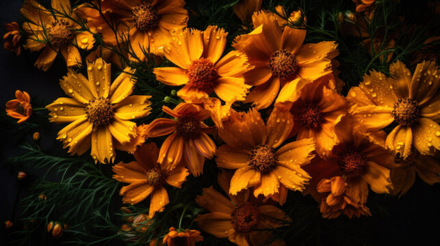 Background of Coreopsis with raindrops created with generative AI technology