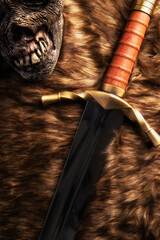 Sword placed diagonally over a black fur cover and a decaying head in the corner. - 599983900