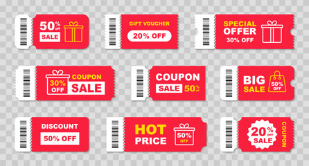 Coupon ticket set. Discount coupon. Gift voucher. Discount card with 20, 30, 50 percent discount. Sale coupon with big sale, hot price, best seller etc. Vector illustration. - obrazy, fototapety, plakaty