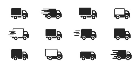 Delivery Truck icon set. Express delivery trucks icons. Fast shipping truck. Free delivery 24 hours. Logistic trucking sign. Vector illustration. - obrazy, fototapety, plakaty