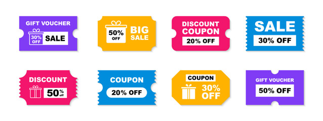 Coupon ticket set. Discount coupon. Gift voucher. Discount card with 20, 30, 50 percent discount. Sale coupon with big sale, hot price, best seller etc. Vector illustration. - obrazy, fototapety, plakaty