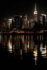 Obraz premium night cityscape in the distance with bright lighting over the water. reflection in the water. vertical frame.Generative AI