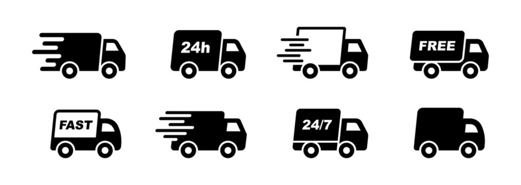 Delivery Truck icon set. Express delivery trucks icons. Fast shipping truck. Free delivery 24 hours. Logistic trucking sign. Vector illustration.