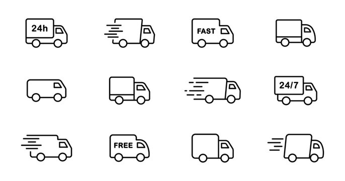 Delivery truck line icon set. Express delivery trucks icons. Fast shipping truck. Free delivery 24 hours. Logistic trucking sign. Vector illustration.