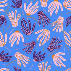 Tropical leaves summer hand drawn seamless pattern. Botanical trendy design. Vector repeating design for fabric.