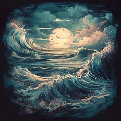 Moonlit Majesty: High Waves with Captivating Moon Reflection