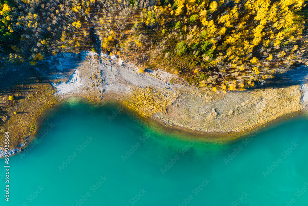 Wall mural drone view of the lake and forest in the glacier valley. view of the moraines. landscape from the ai