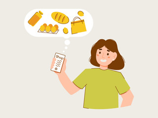 For grocery store, cafe. The girl is shopping online. Shopping by phone is easy. Adds items to the cart. Payment via the Internet.