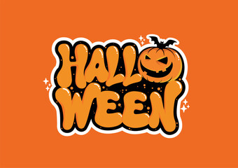 happy halloween, on orange background inscription in orange letters with jack-o'-lantern pumpkin with bats