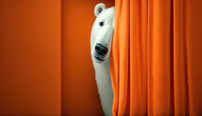 polar bear peeking from behind orange curtain, ai generated