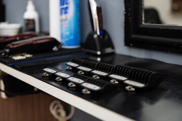 Fototapeta na wymiar hair clipper blades on display in the barber shop