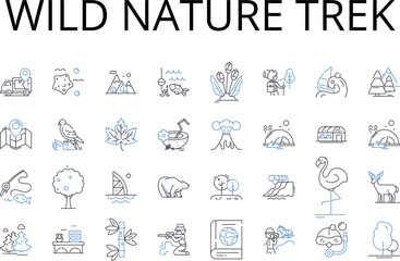 Wild nature trek line icons collection. Rugged mountain climb, Deep sea dive, Serene beach stroll, Majestic waterfall, Mysterious cave exploration, Scenic forest hike, Coastal bike ride vector and