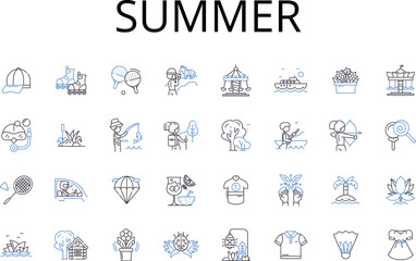 Summer line icons collection. Heatwave, Sunshine, High temps, Beach days, Vacation time, Scorching days, Sunny skies vector and linear illustration. Tan season,Warm weather,Pool time outline signs set