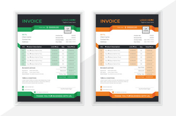 Obraz premium Corporate invoice vector template in attractive variations of green and orange colors on black.