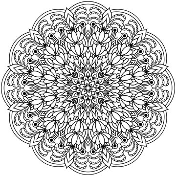 Fototapeta Ornamental Mandala with paisley flower elements. Circular pattern for Henna, Mehndi, tattoo, decoration. Element in indian styl. Black lace silhouette isolated on white background. Coloring book page