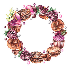 Round watercolor frame of desserts, keses, strawberries, cookies, candies on a white background