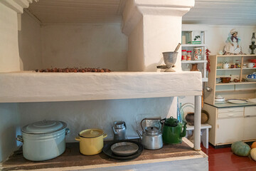 old Russian village stove with utensils close-up