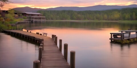 Naklejka premium A magical beautiful early morning on the lake in spring. An old wooden abandoned pier. Sunrise over the water with fog. Beautiful orange sky. Marina for boats. Romantic place. Generative AI