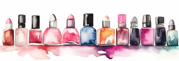 Watercolor Illustration of nail polish bottles white background  Generative AI - obrazy, fototapety, plakaty